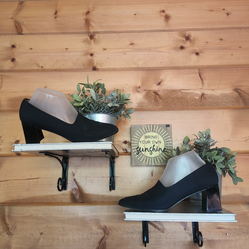 Stuart Weitzman Pumps Black Fabric Leather Block Heels Stretch Square Toe 9AAAA
